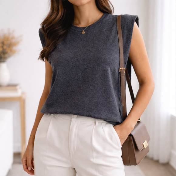 Babaton Tops - Babaton Gray Shoulder Pad Tank Minimalist Cropped Cotton Blend L